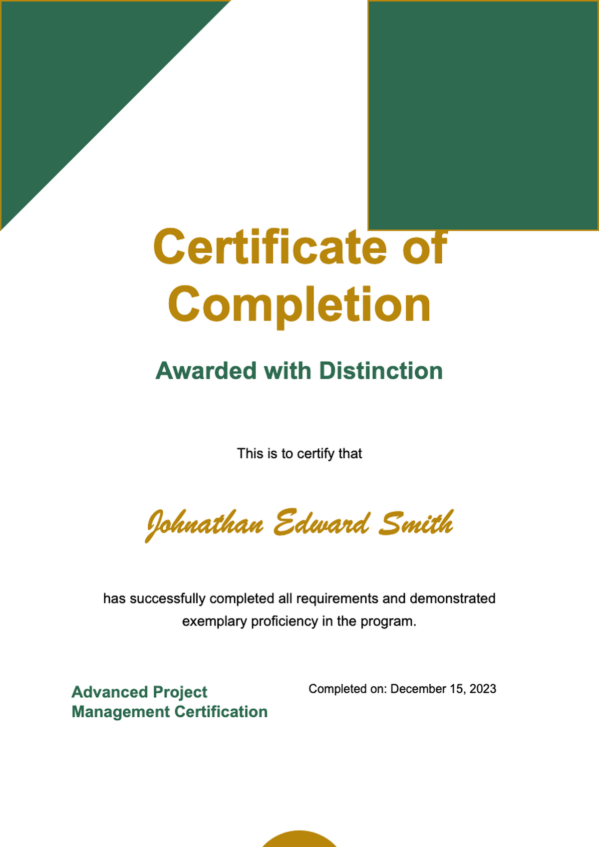 Elegant certificate of completion for online course developer with green accents and gold text_variant_3